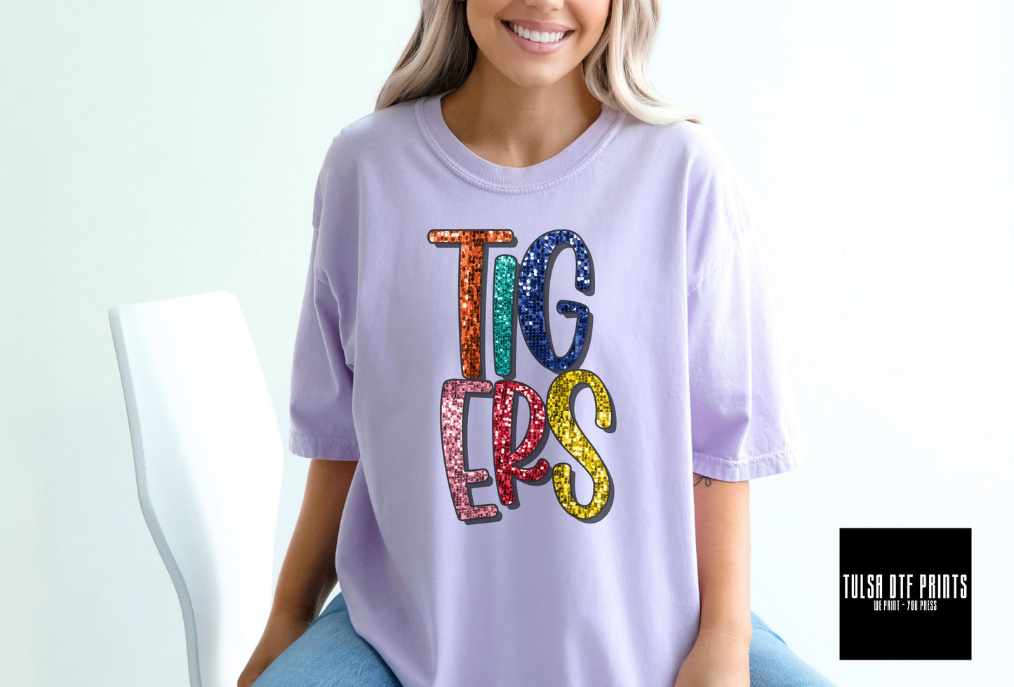 DTF TIGERS MULTICOLOR FAUX SEQUIN SHADOW TEXT TRANSFER