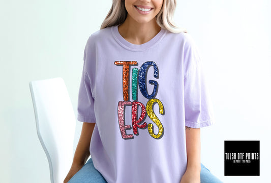 DTF TIGERS MULTICOLOR FAUX SEQUIN SHADOW TEXT TRANSFER