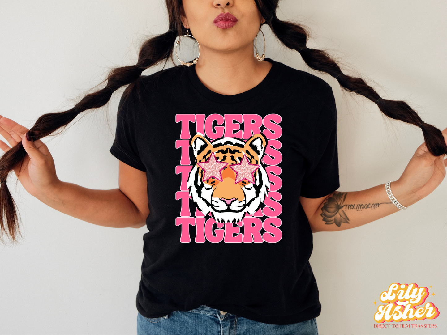 DTF TIGERS STACKED PREPPY MASCOT IN SOLID PINK TRANSFER