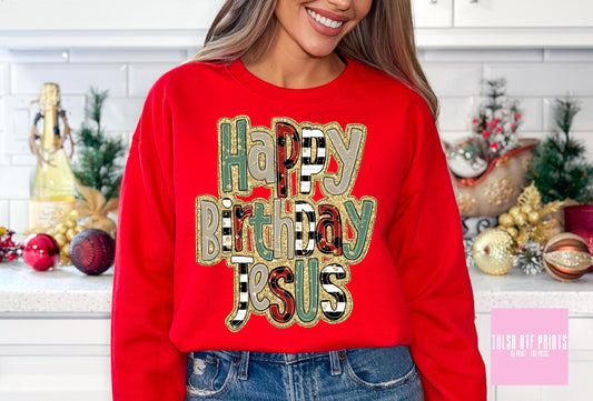 DTF HAPPY BIRTHDAY JESUS FAUX GLITTER BORDER TRANSFER