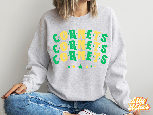 DTF CORNETS GREEN-YELLOW STACKED TEXT W/ STARS TRANSFER