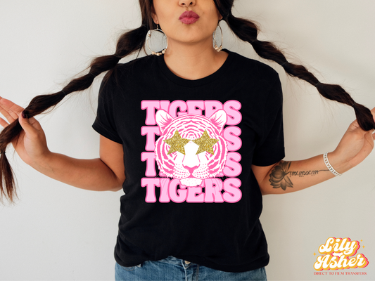 DTF TIGERS STACKED PREPPY MASCOT IN PINK TRANSFER