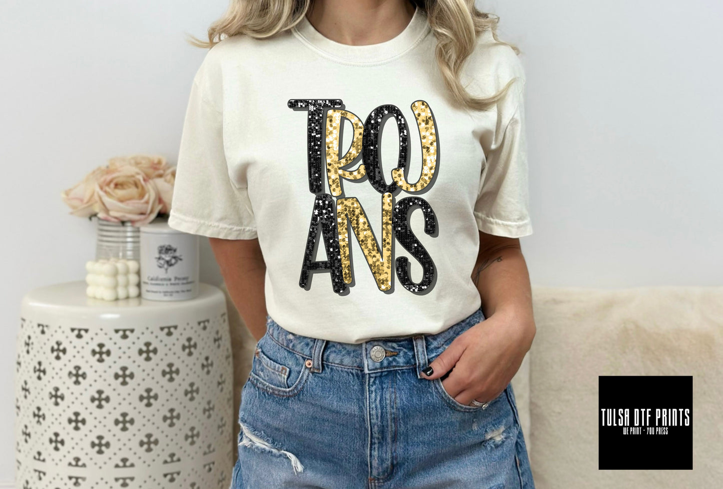 DTF TROJANS BLACK/GOLD FAUX SEQUIN SHADOW TEXT TRANSFER