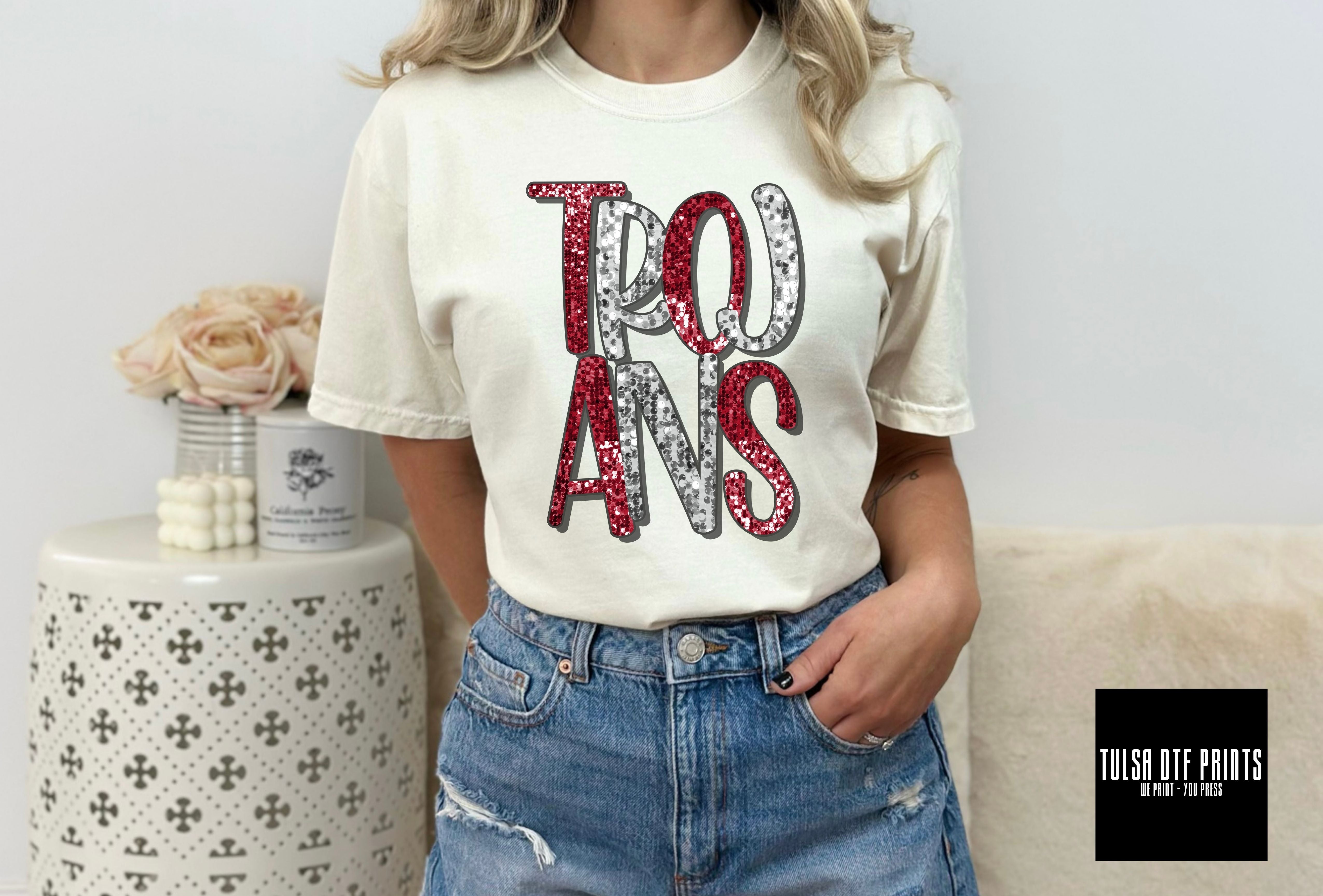 DTF TROJANS MAROON/WHITE FAUX SEQUIN SHADOW TEXT TRANSFER – Tulsa DTF ...