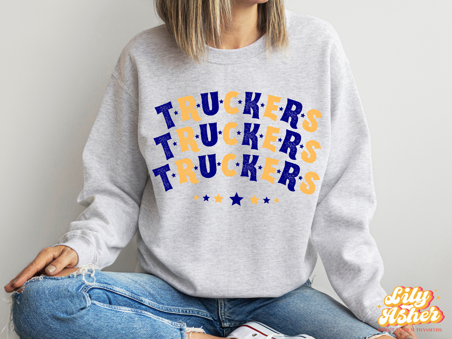 DTF TRUCKERS NAVY BLUE-YELLOW GOLD STACKED TEXT W/ STARS TRANSFER