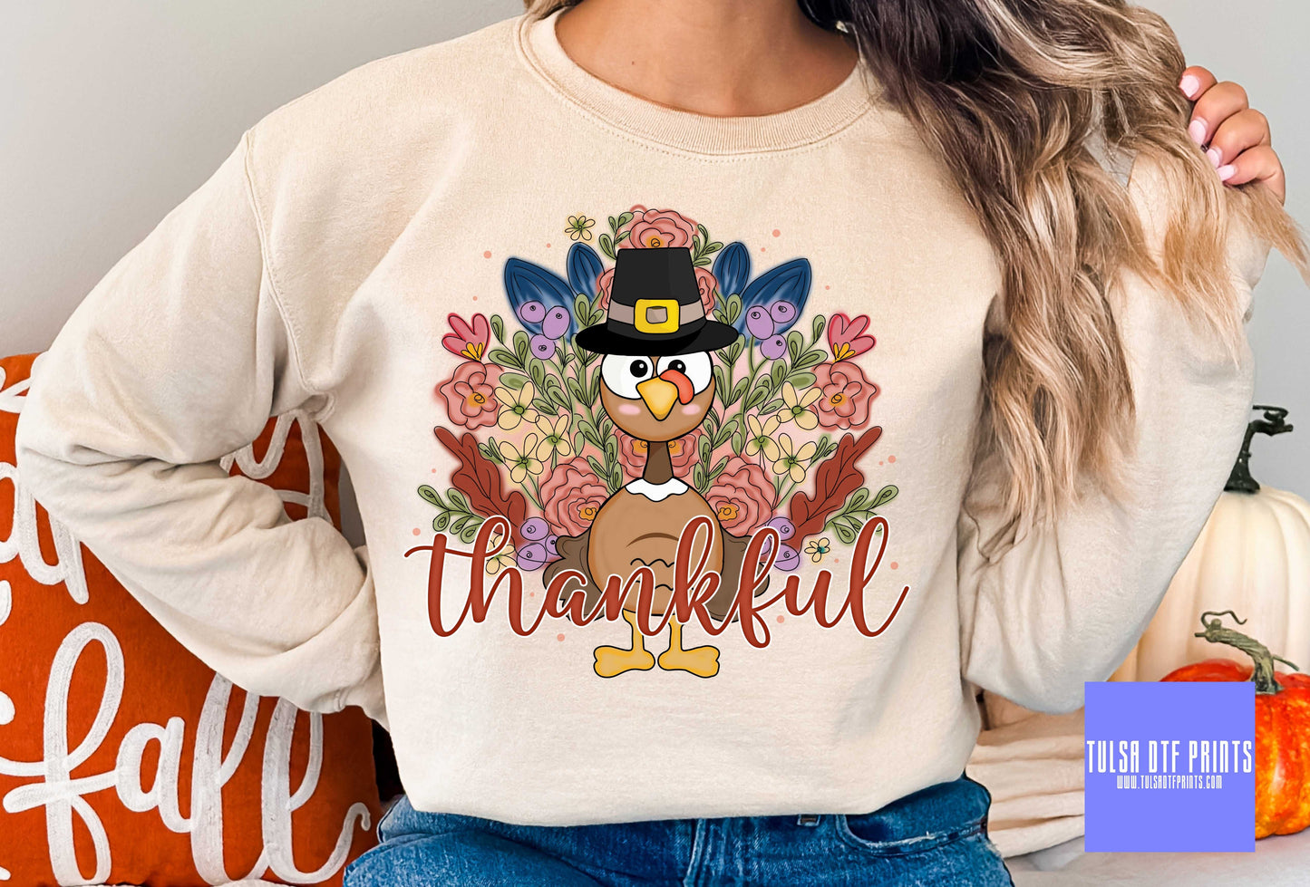 DTF THANKFUL FLORAL TURKEY W/ HAT TRANSFER