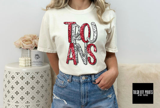 DTF TROJANS RED/WHITE FAUX SEQUIN SHADOW TEXT TRANSFER