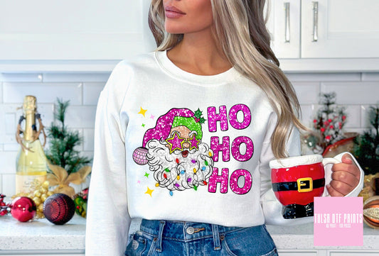 DTF HO HO HO SANTA W/ STAR SUNGLASSES FAUX SEQUIN EMBROIDERY TRANSFER