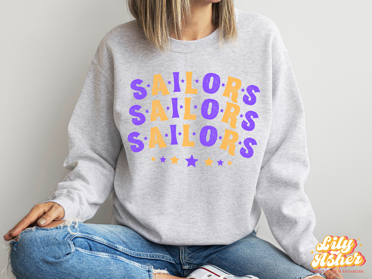 DTF SAILORS PURPLE-YELLOW GOLD STACKED TEXT W/ STARS TRANSFER