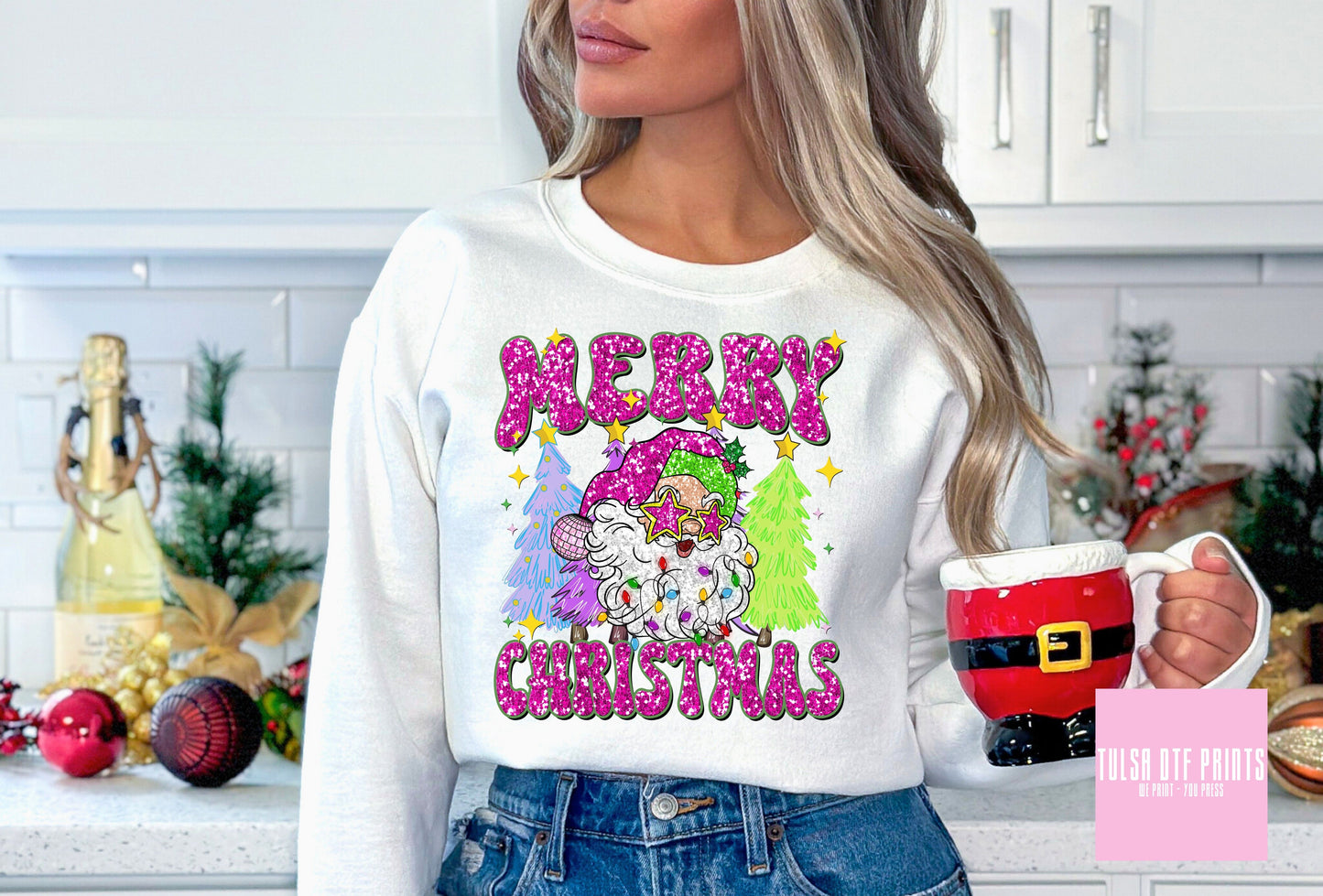 DTF MERRY CHRISTMAS SANTA FAUX SEQUIN EMBROIDERY TRANSFER