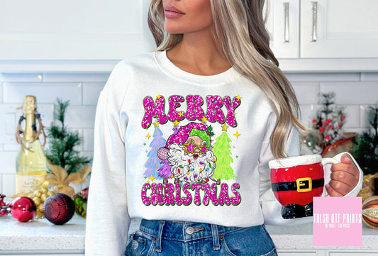 DTF MERRY CHRISTMAS SANTA FAUX SEQUIN EMBROIDERY TRANSFER