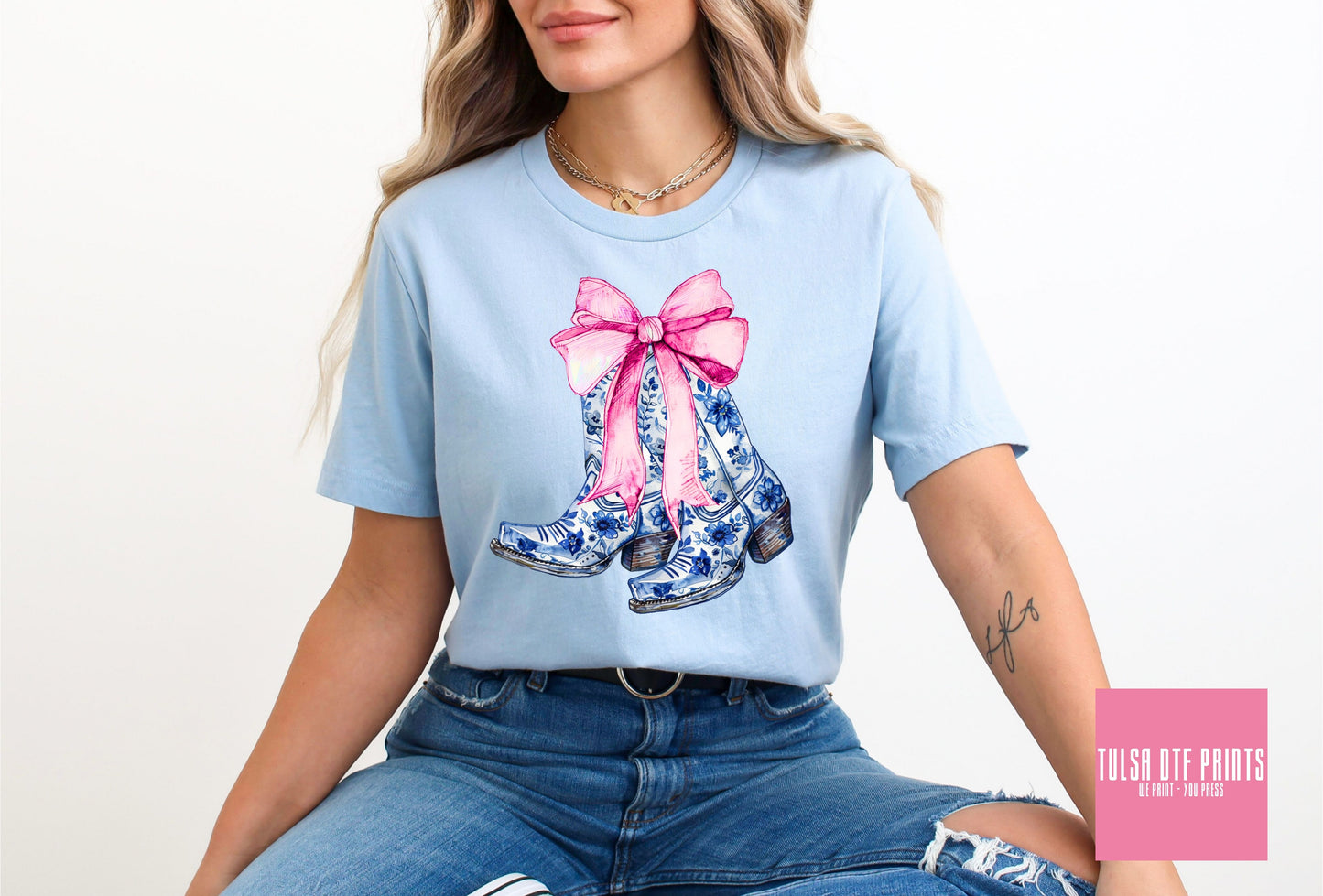 DTF COASTAL COWGIRL BOOTS BLUE/PINK TRANSFER
