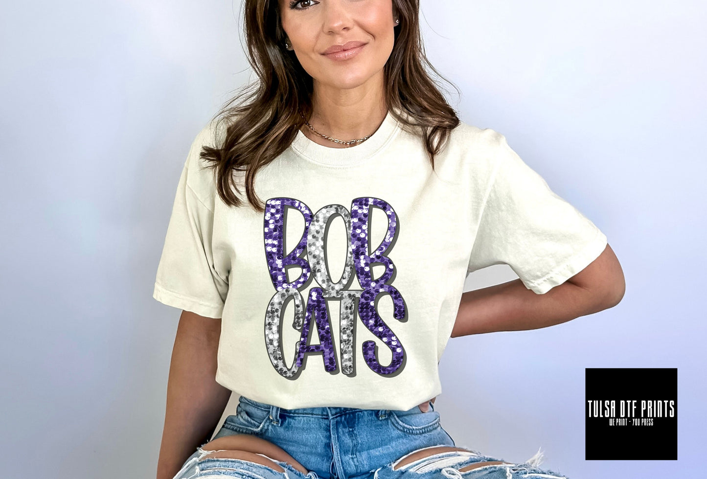 DTF BOBCATS PURPLE/WHITE FAUX SEQUIN SHADOW TEXT TRANSFER
