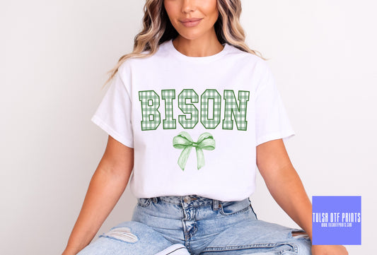 DTF BISON GREEN GINGHAM BOW GAME DAY MASCOT TRANSFER