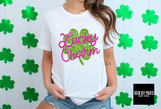 DTF LUCKY CHARM PINK FAUX GLITTER TEXT TRANSFER