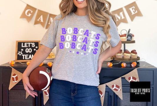 DTF BOBCATS PURPLE-WHITE STACKED TEXT W/ STARS TRANSFER