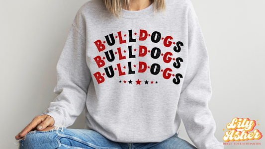 DTF BULLDOGS RED-BLACK STACKED TEXT W/ STARS TRANSFER