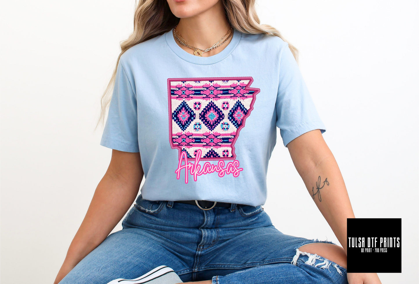 DTF ARKANSAS AZTEC PRINT FAUX EMBROIDERY TRANSFER