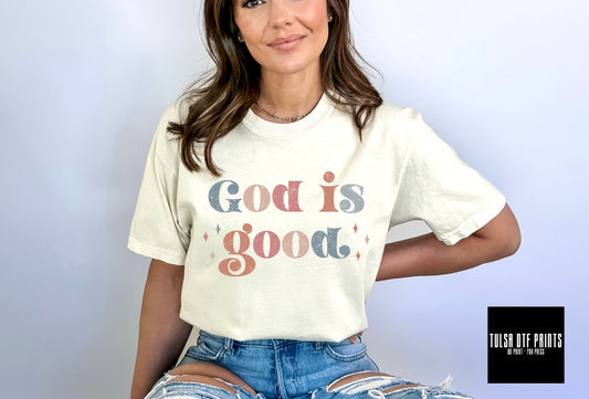 DTF GOD IS GOOD DISTRESSED TEXT TRANSFER