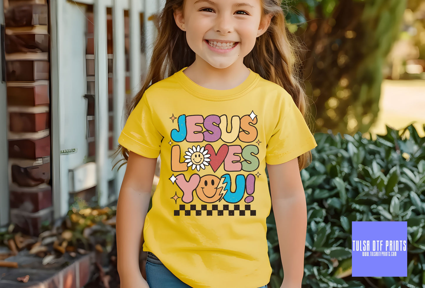 DTF JESUS LOVES YOU RETRO CHECKERED TRANSFER