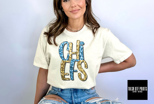 DTF CHIEFS ROYAL/GOLD FAUX SEQUIN SHADOW TEXT TRANSFER