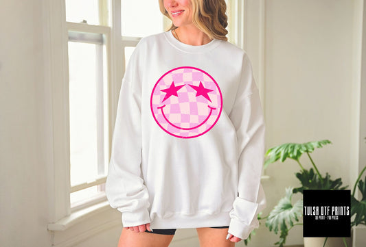 DTF PINK CHECKERED STAR SMILEY TRANSFER