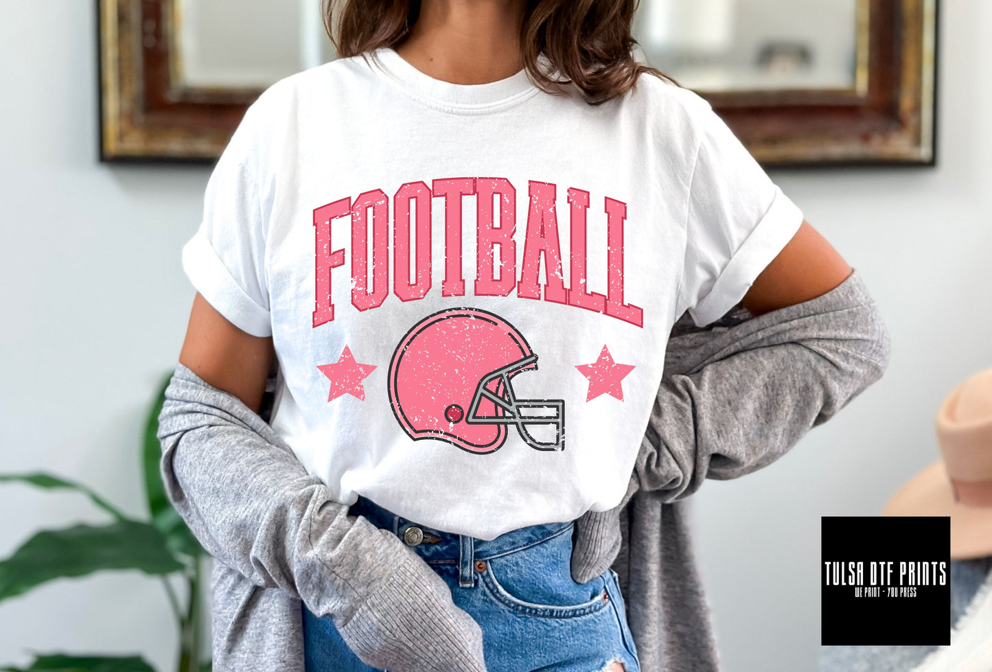 DTF FOOTBALL DISTRESSED PINK TRANSFER