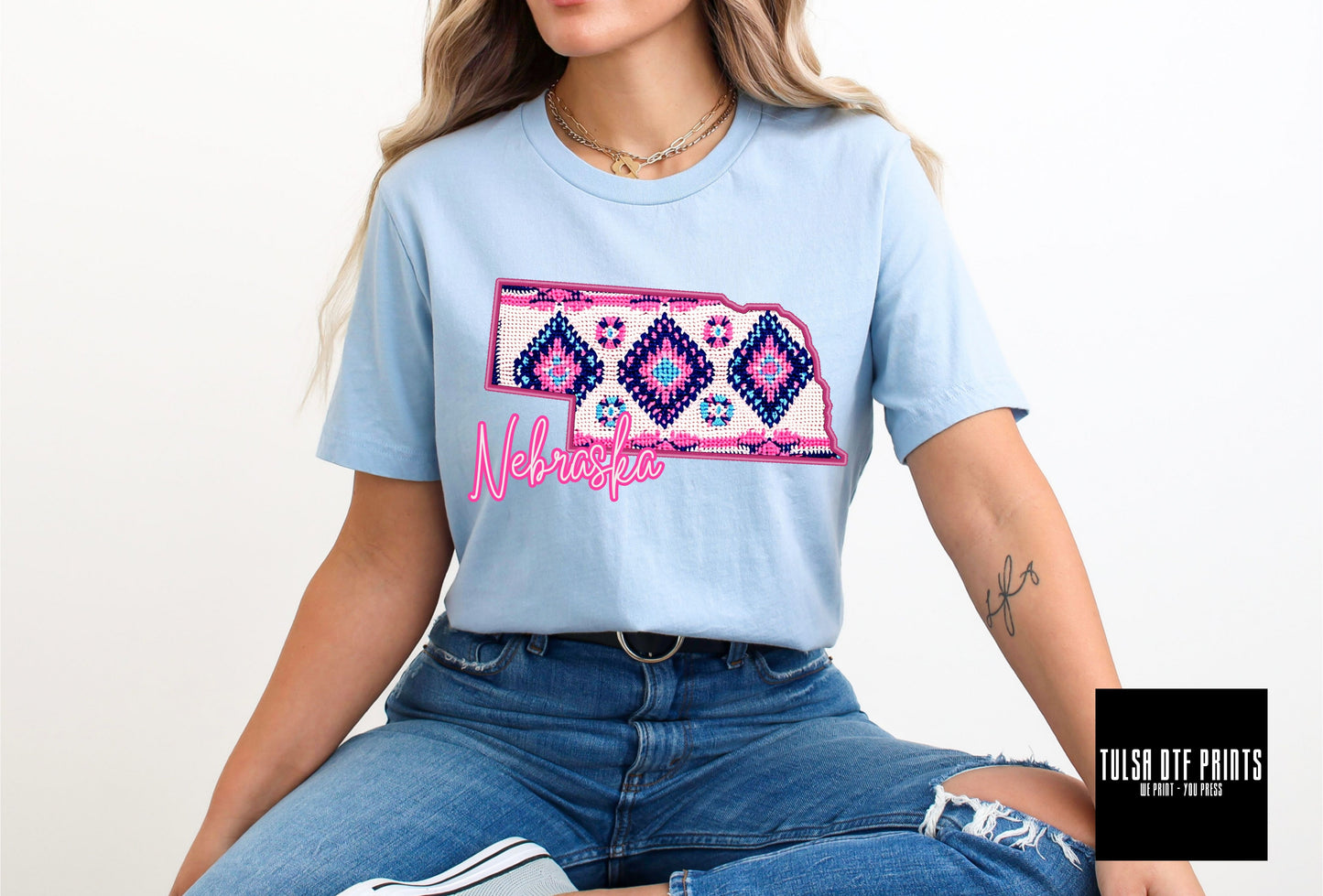 DTF NEBRASKA AZTEC PRINT FAUX EMBROIDERY TRANSFER