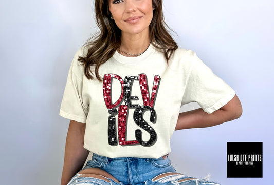 DTF DEVILS MAROON/BLACK FAUX SEQUIN SHADOW TEXT TRANSFER