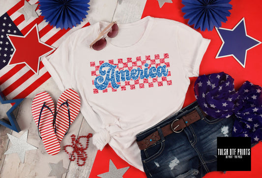 DTF AMERICA CHECKERED BLUE/RED FAUX CHENILLE TRANSFER