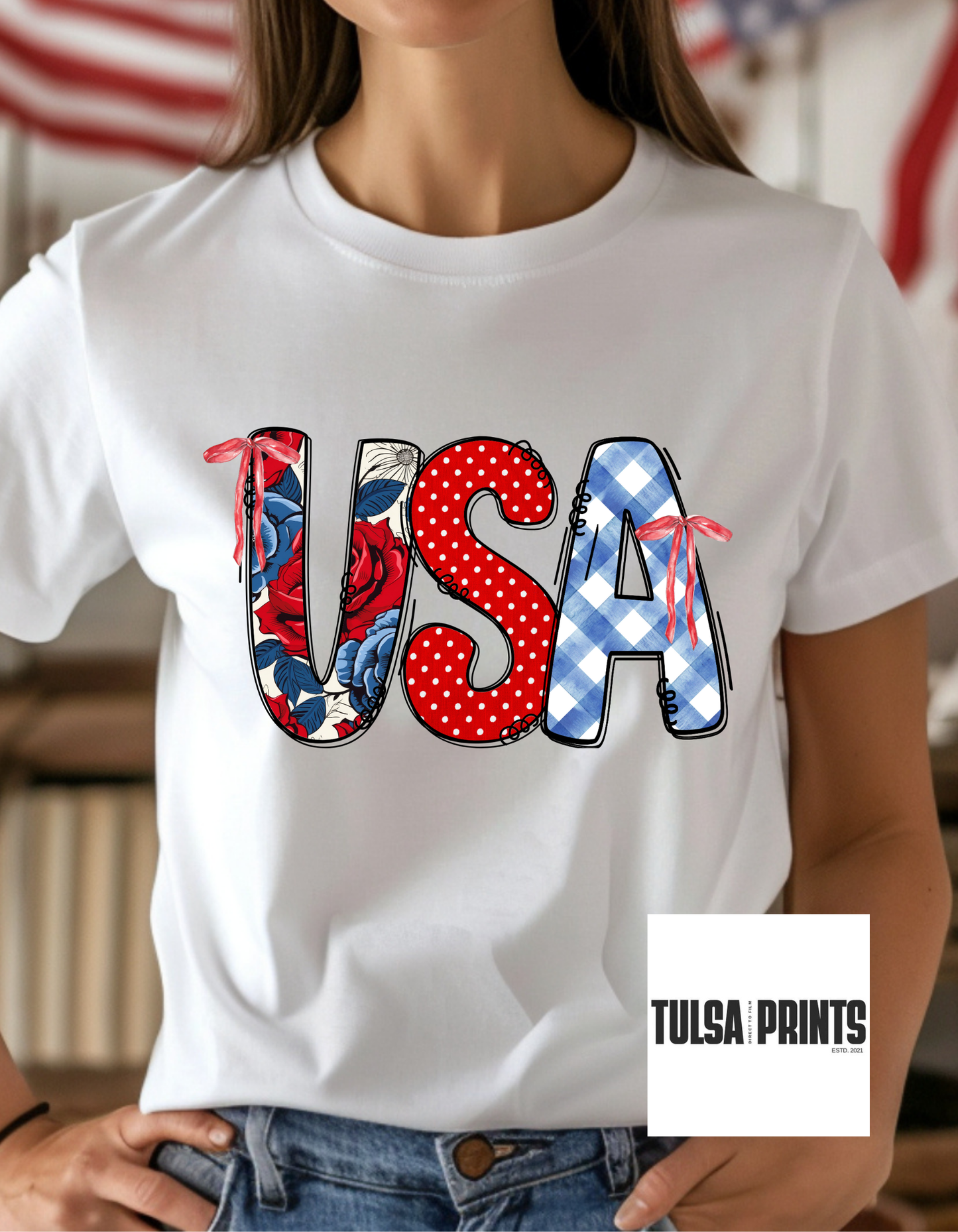 DTF USA FLORAL GINGHAM TRANSFER