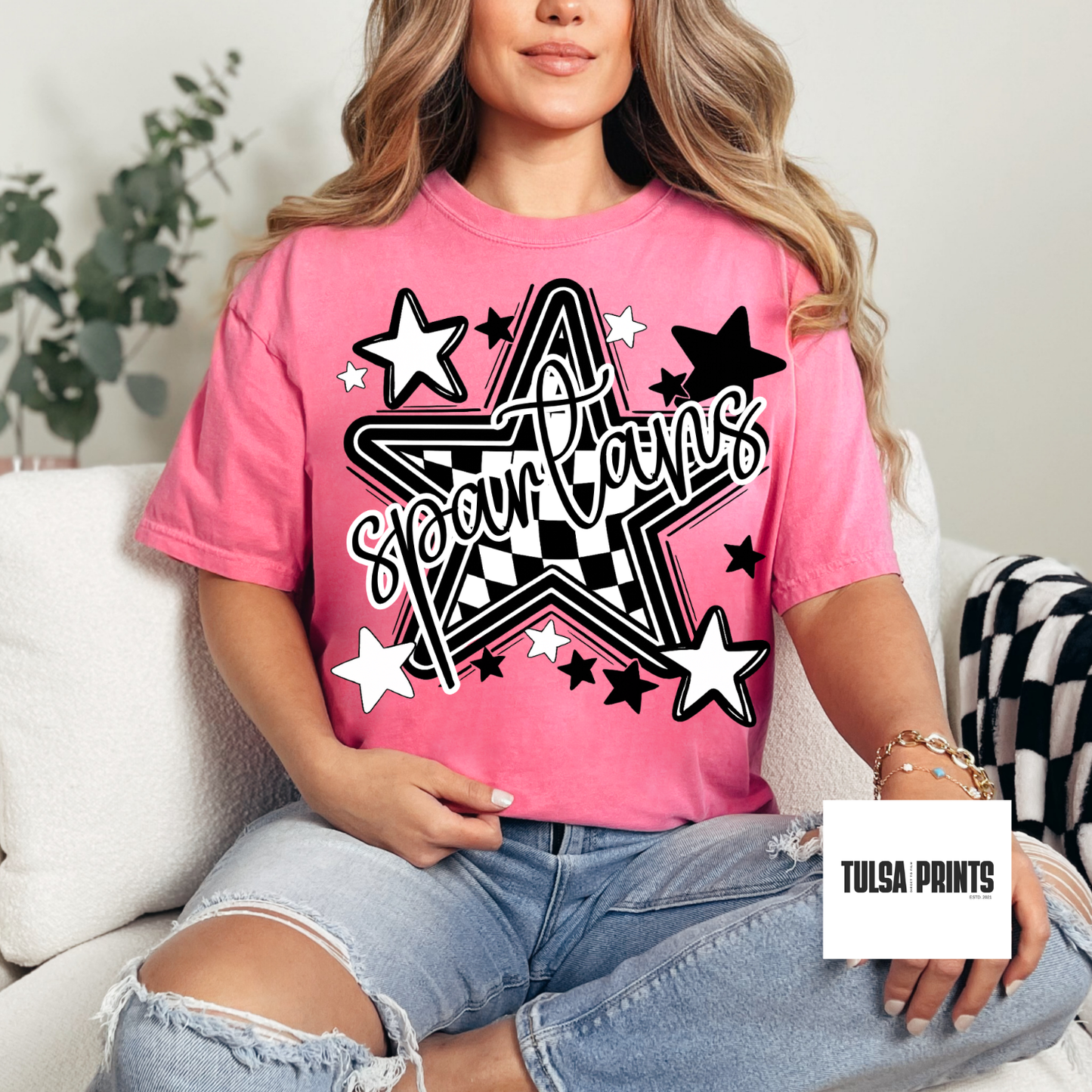 DTF SCHOOL MASCOT CHECKERED STARS (7 OPTIONS AVAIL.) TRANSFER