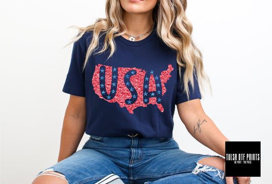 DTF USA MAP BLUE/RED FAUX CHENILLE TRANSFER