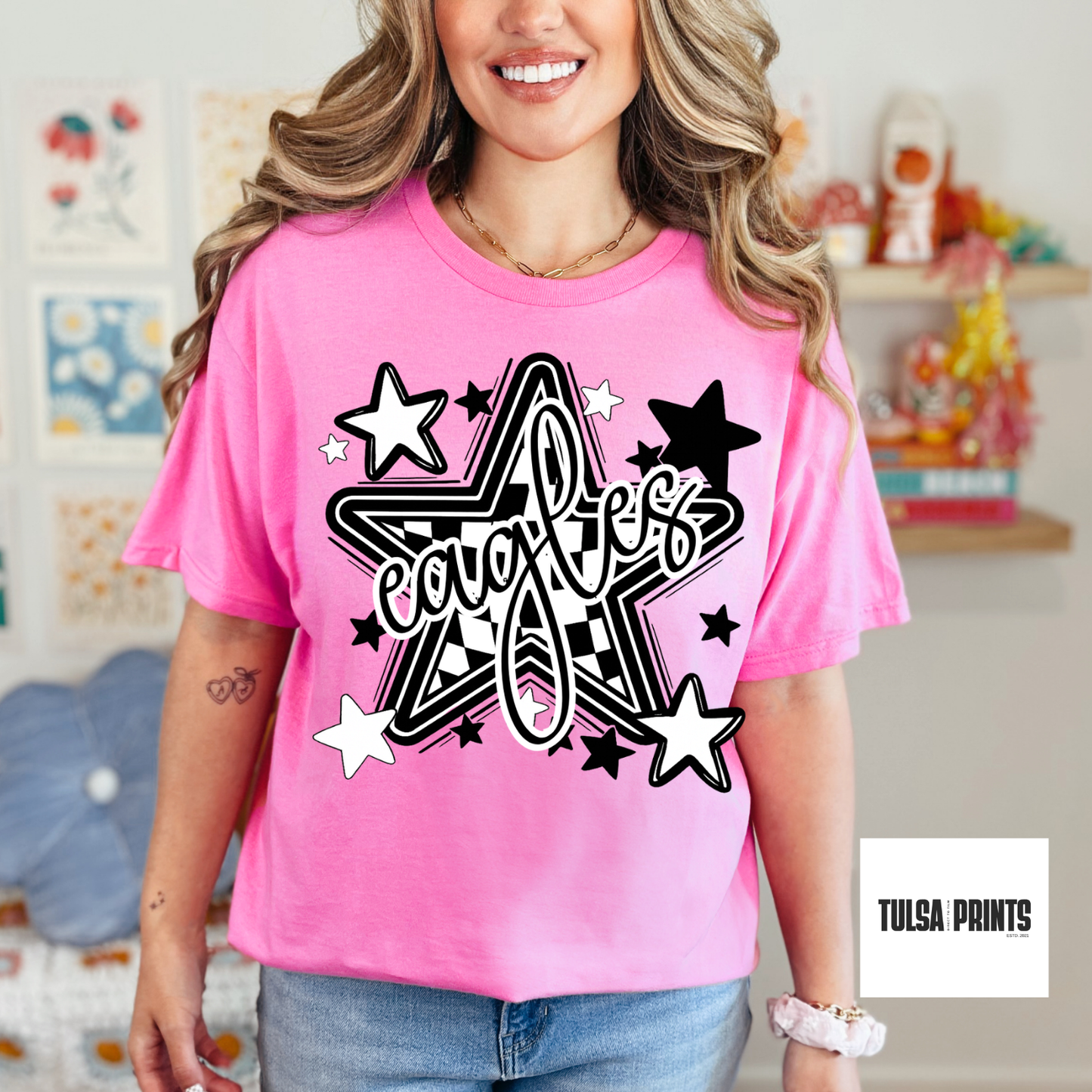 DTF SCHOOL MASCOT CHECKERED STARS (7 OPTIONS AVAIL.) TRANSFER
