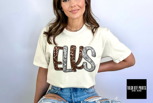 DTF ELKS BROWN/WHITE FAUX SEQUIN SHADOW TEXT TRANSFER