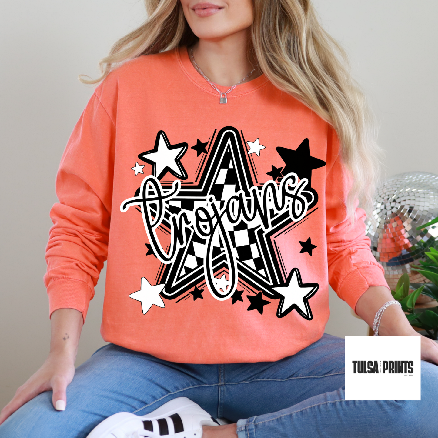 DTF SCHOOL MASCOT CHECKERED STARS (7 OPTIONS AVAIL.) TRANSFER