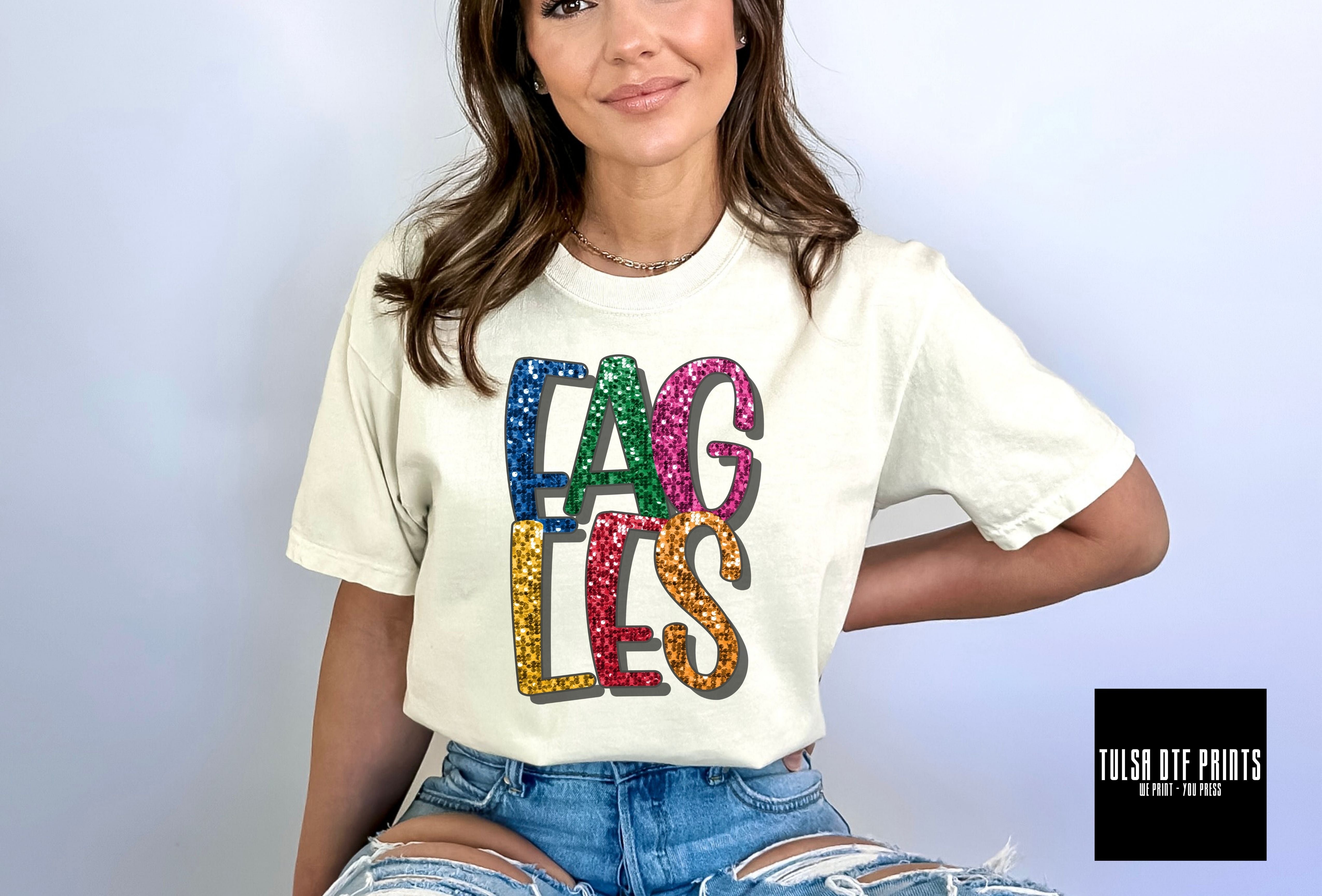 DTF EAGLES MULTICOLOR FAUX SEQUIN SHADOW TEXT TRANSFER – Tulsa DTF Prints