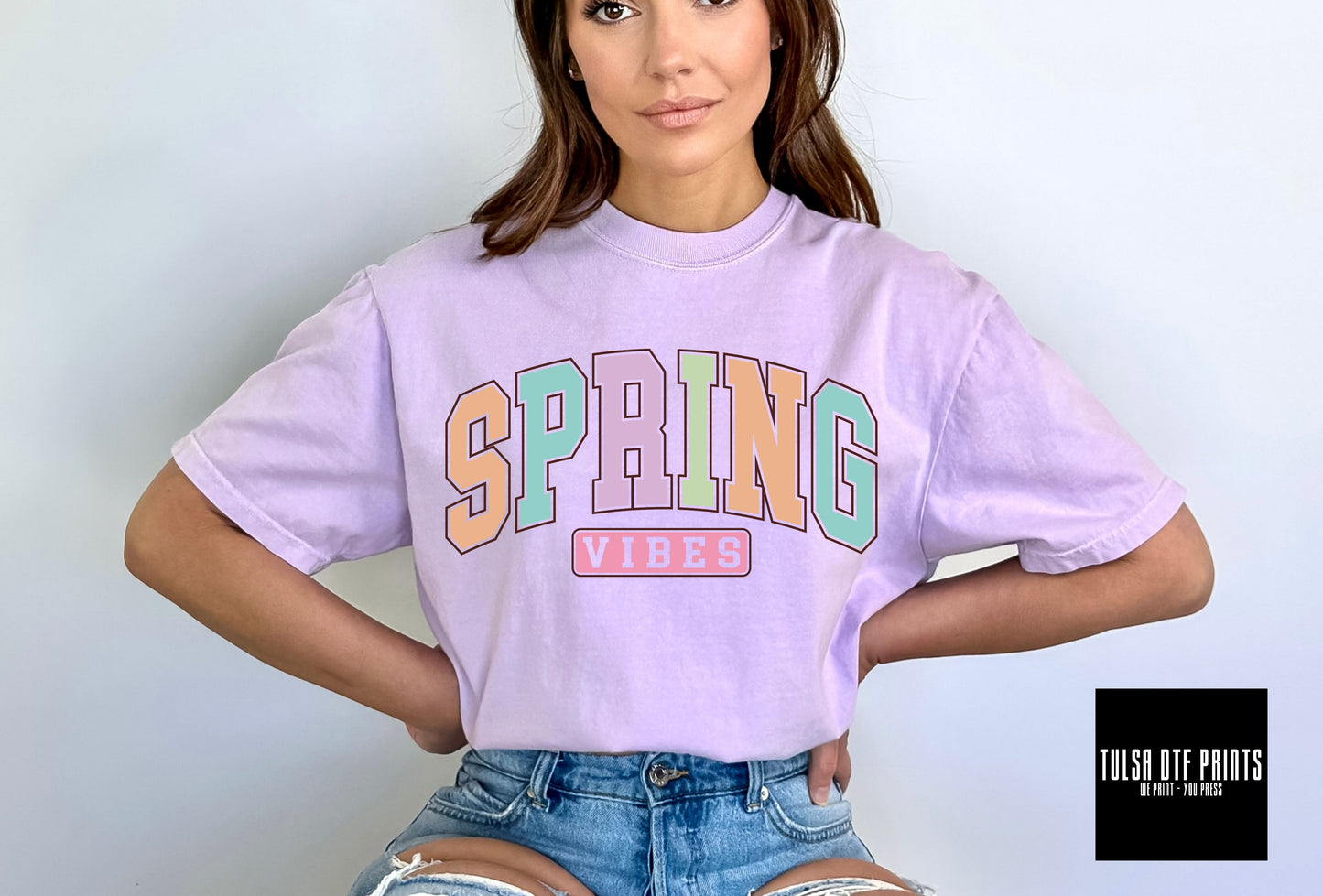 DTF SPRING VIBES PASTEL VARSITY TEXT TRANSFER