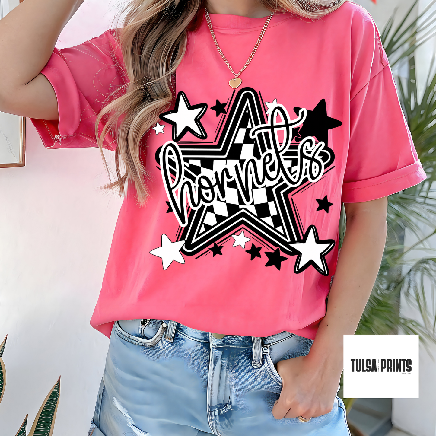 DTF SCHOOL MASCOT CHECKERED STARS (7 OPTIONS AVAIL.) TRANSFER