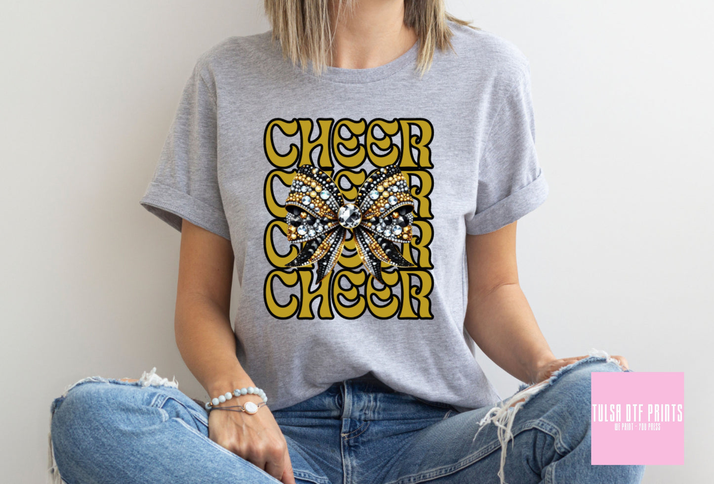 DTF CHEER STACKED W/ BEDAZZLED BOW TRANSFER