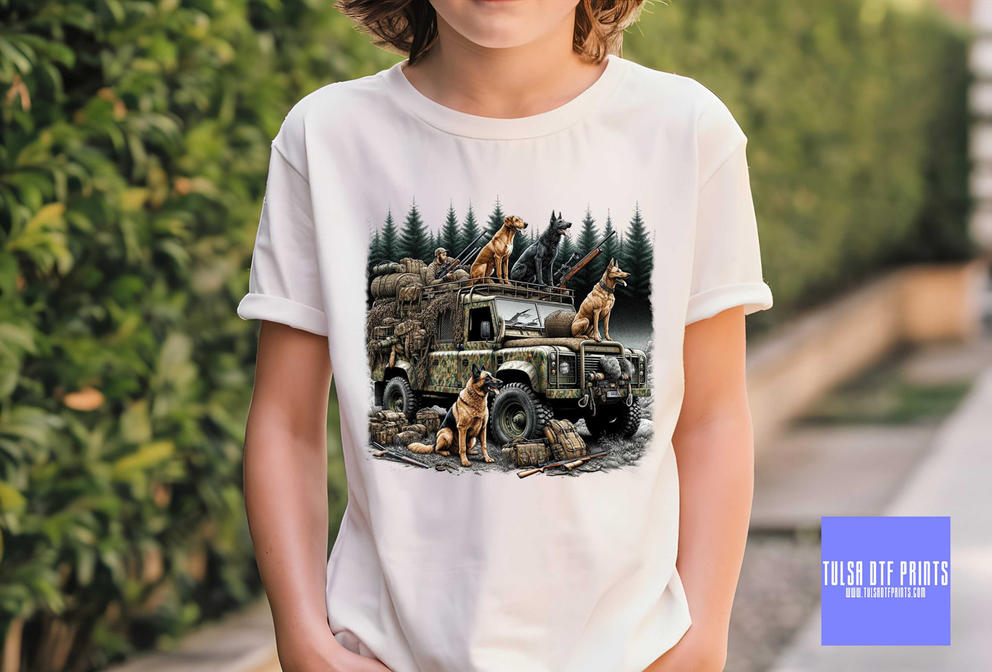 DTF CAMO TRUCK & DOGS TRANSFER