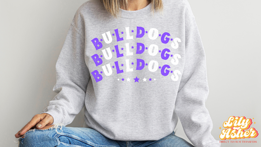 DTF BULLDOGS PURPLE-WHITE STACKED TEXT W/ STARS TRANSFER