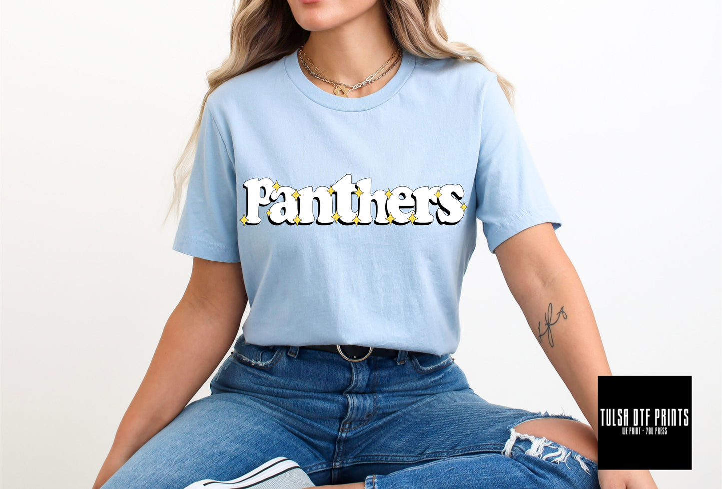 DTF PANTHERS WHITE RETRO SPARKLE TRANSFER