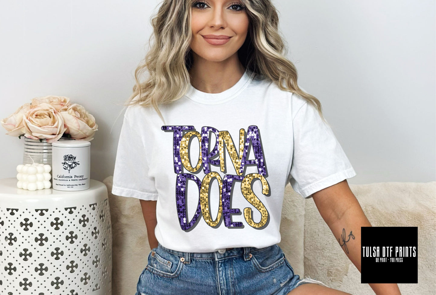 DTF TORNADOES PURPLE/GOLD FAUX SEQUIN SHADOW TEXT TRANSFER