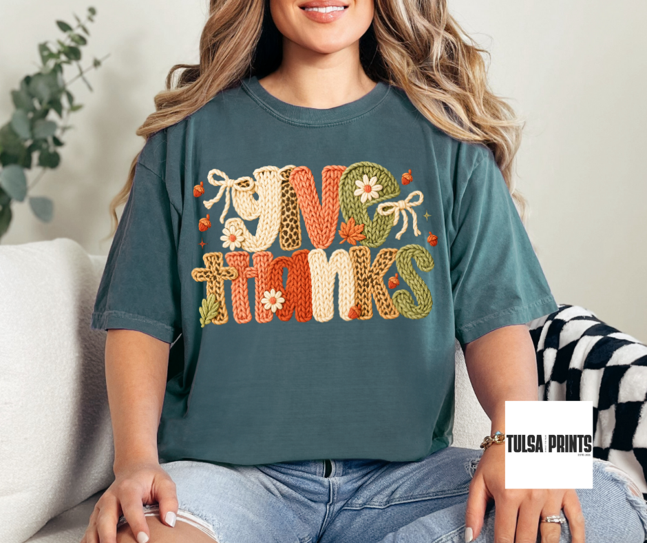 DTF GIVE THANKS FAUX CROCHET TRANSFER