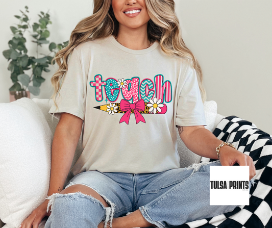 DTF RETRO TEACHER FORAL PENCIL TRANSFER