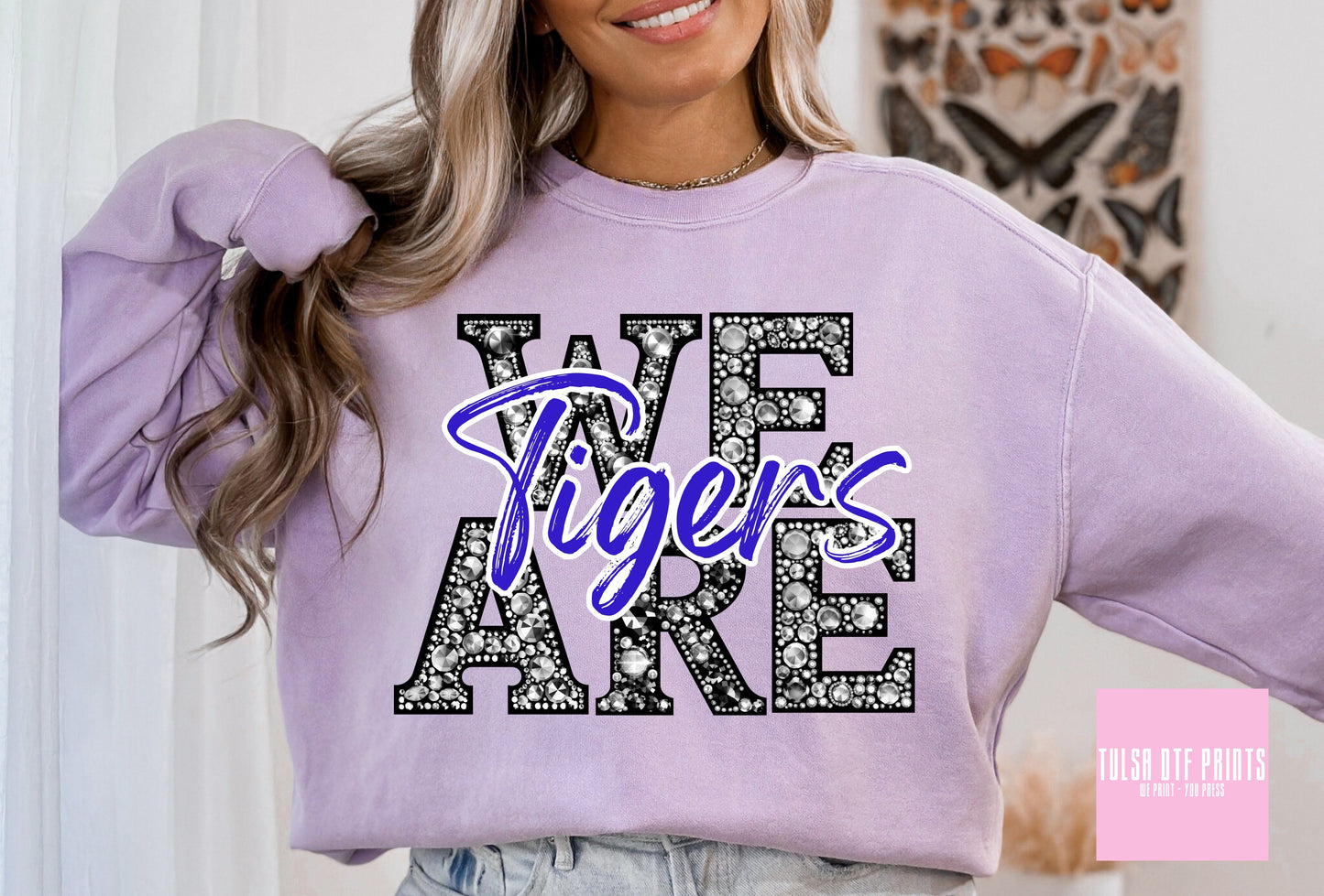 DTF WE ARE TIGERS ROYAL BEDAZZLED GAME DAY TRANSFER