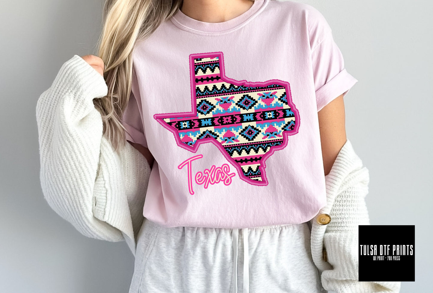 DTF TEXAS AZTEC PRINT FAUX EMBROIDERY TRANSFER