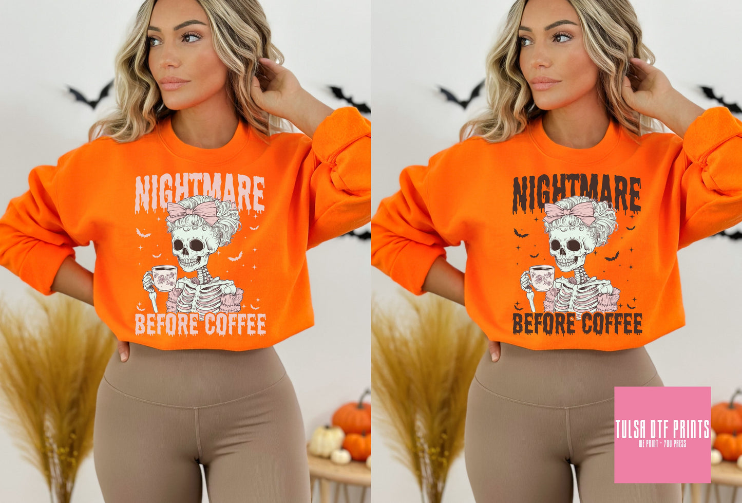 DTF SKELETON GIRL NIGHTMARE BEFORE COFFEE (2 COLORS AVAIL.) TRANSFER