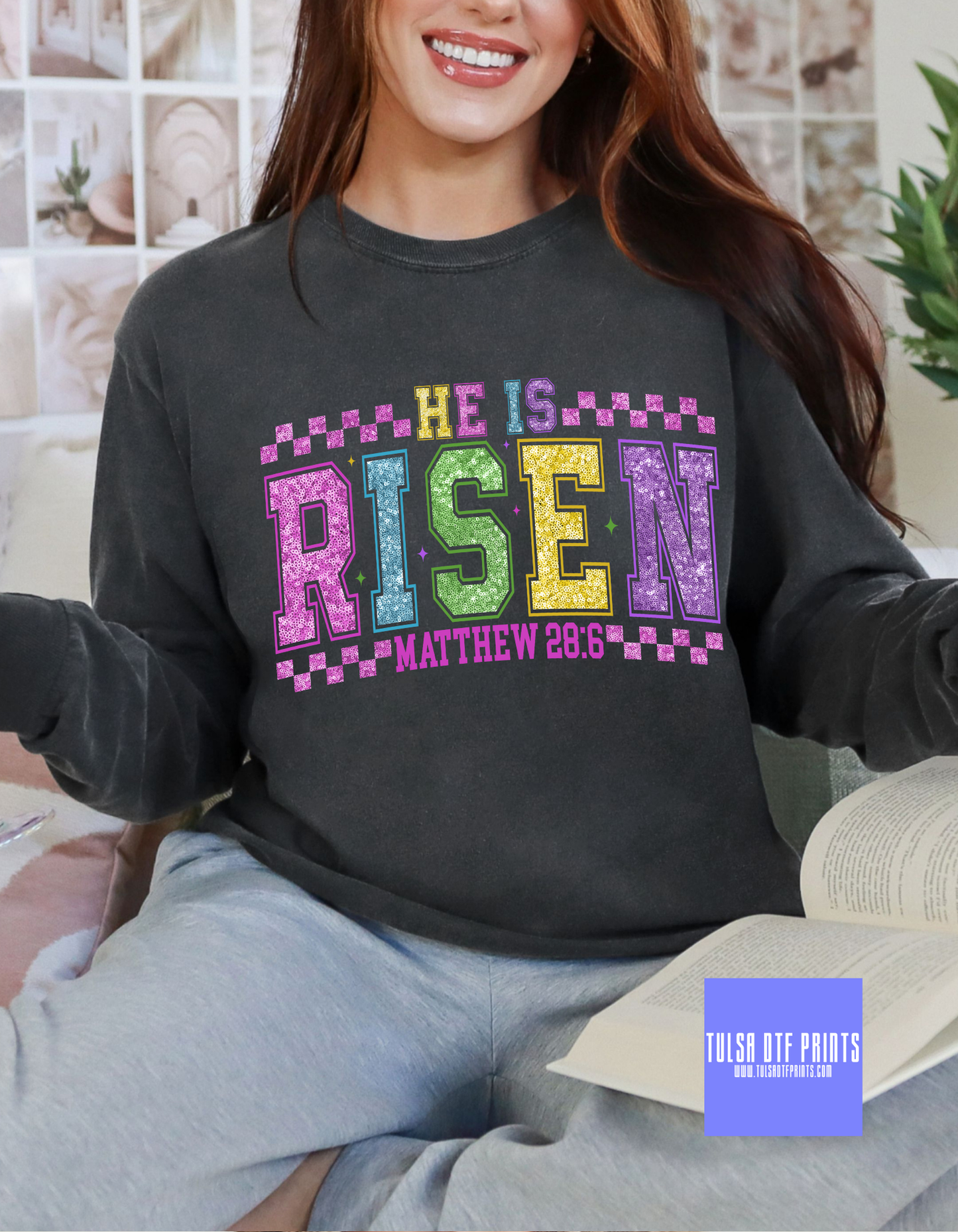 DTF HE IS RISEN FAUX SEQUIN EASTER TRANSFER